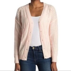 New FRNCH Light Pink Pearl Beaded Pointelle Cardigan Sweater Size small
